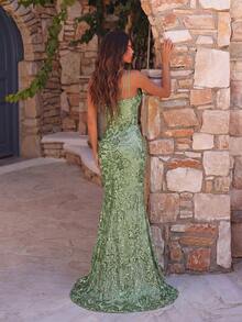 ADYCE Elegant & Charming Sequin Embroidered One-Shoulder High-Waist Backless Floor-Length Evening Gown, Suitable For Wedding Guest, Prom, Homecoming, Date Night, Autumn Birthday - Green - View 2