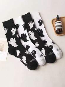 1/2 Pairs Halloween Cute Cartoon Black & White Ghost Pattern Mid-Calf Socks, Creative Couple Black & White Versatile Mid-Calf Socks - Multicolor - View 3