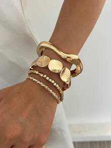 4/1pc Fashion Asymmetric Design Bracelet & Bangle Set, Suitable For Women's Daily Wear And Party - Yellow Gold - View 4