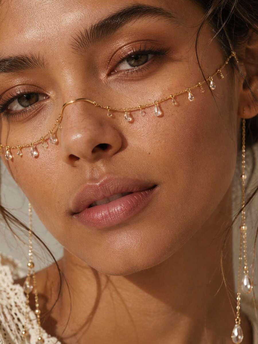 outingfit 1pc Women's Fashion Green Rhinestone Face Chain, Personalized Street Style Tassel Face Jewelry, Stage Accessory For Women - Gold - View 1