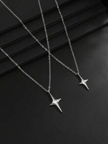 2pcs/Set Luxury Gold Double Layer Four-Pointed Star Layered Necklace, Minimalist Thin Chain Cross Star Pendant, Men's Commuter High-End Collarbone Chain - Cross Star Necklace - View 7