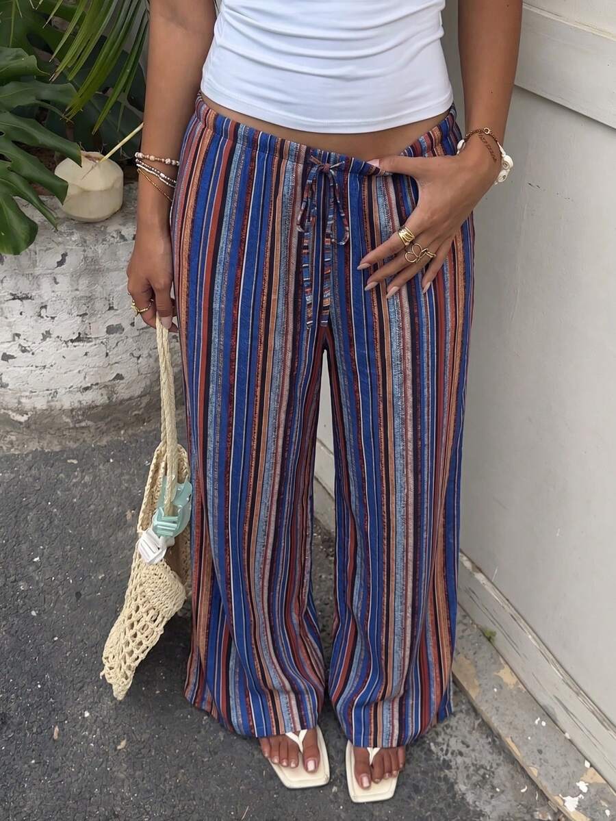 Rusttydustty Women's Striped Print Elastic Waist Drawstring Straight Leg Draped Minimalist Casual Lazy Long Pants - Multicolor - View 1