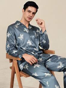 Men's Spring/Autumn Cardigan Faux Silk Pajama Set, High-End Long Sleeve Long Pants Comfortable Loungewear - Multicolor - View 1