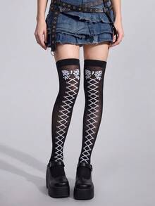 1 Pair Halloween Gothic Lolita Style Over-The-Knee Socks, Faux Lace-Up Bow Print, Suitable For Cosplay - Black - View 1