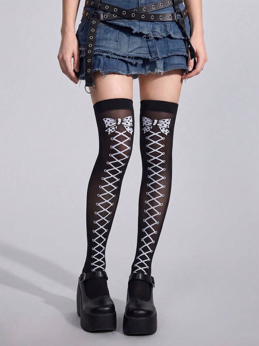 1 Pair Halloween Gothic Lolita Style Over-The-Knee Socks, Faux Lace-Up Bow Print, Suitable For Cosplay - Black - View 1