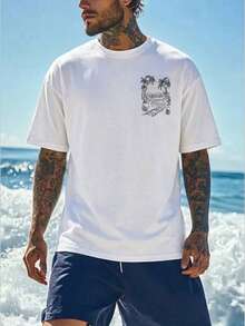 T-shirt à manches courtes col rond style décontracté américain, style plage côtière avec palmiers, convient pour la maison, le bureau, l'extérieur, la ville, régulier, loisirs, élégant, jeunesse, minimaliste, polyvalent, texturé, gracieux, naturel, littéraire - Blanc - Voir 3
