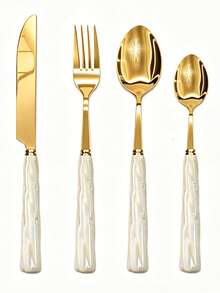 4/24pcs Set Exquisite Colorful Ceramic Handle Stainless Steel Cutlery Set, Pearl Gloss Multi-Color Ceramic, Includes Forks, Spoons, Etc., Iridescent Gloss Elegant Unique, Suitable For Home, Restaurant, Kitchen Daily Dining - Multicolor - View 5