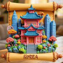 韓國宮殿與塔樓展開卷軸磁鐵，古老屋簷與現代天際線低語，適用於家中所有金屬表面的紀念品 - B - 查看 1