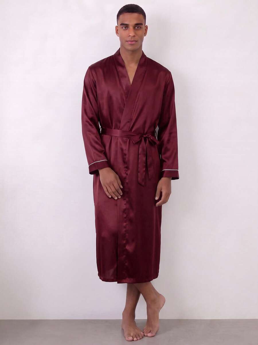 Snug League Men's Satin Long Sleeved Simple Casual Solid Color Robe, For Fall, Winter - Burgundy - View 1