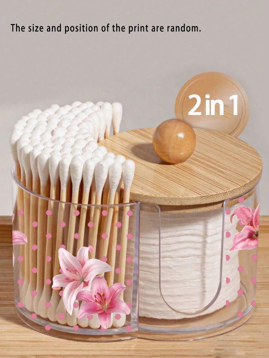 Mini Polka Dot Lily Pattern 2-In-1 Bamboo Lid Plastic Storage Box, With Dual Round Holes Cosmetic Organizer, Suitable For Makeup Brushes, Beauty Tool Bag, Makeup Organizer Box, Vanity Accessories, Makeup Bag, Creative Gift For Women (Mini Size) - Multicolor - View 1