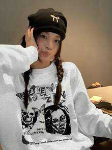 American Vintage Portrait Letter Print Lazy Crew Neck Sweatshirt For Women, Autumn/Winter Casual Versatile Unique Top - Gray - View 3