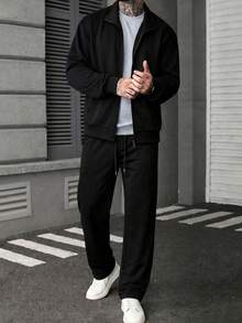 Versatile Solid Color Sports Jacket 2 Pieces Set For Men, Streetwear Daily Commute Fashion - Black - View 1