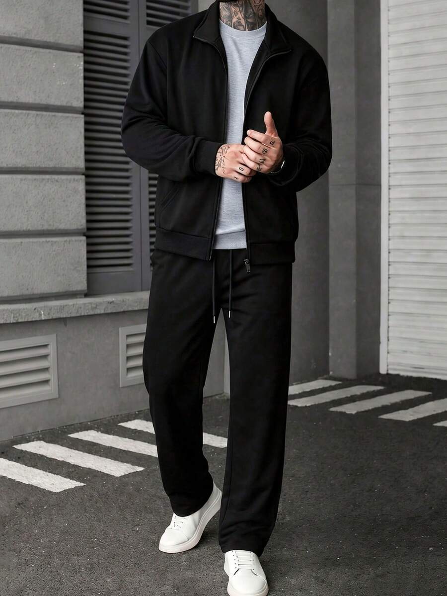 Versatile Solid Color Sports Jacket 2 Pieces Set For Men, Streetwear Daily Commute Fashion - Black - View 1