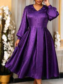 Plus Size Elegant Purple Textured Jacquard A Line Maxi Dress Lapel V Neck Long Lantern Sleeve Formal Church Prom Party Fall Outfits For Women - Purple - View 5