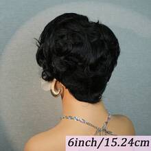 Peruca de Cabelo Humano Frontal de Renda HD 13x4X1, Peruca de Cabelo Humano Pixie com Cachos Soltos para Mulheres, Peruca de Cabelo Humano Afro Cacheado Remy Brasileiro, Peruca de Cabelo Humano Preto, 6 Polegadas, Densidade de 150%, Uso em Feriados e Festas - Natural Black - Visão 5