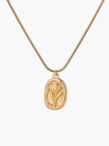 Vandermere 1pc 18K Gold Plated Stainless Steel Rose Flower Pendant Necklace, Vintage Elegant Round Snake Chain, Long-Lasting Color, Hypoallergeni - Golden - View 2