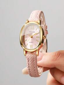 Women's Gift Watch PU Leather Strap Oval Roman Numeral Dial Fashion Niche Quartz Wristwatch, Gift For Girlfriend (1pc/Set) Watch Box Not Included - Pink - View 3
