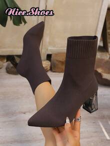 New Chunky Heel Pointed Toe Boots Spring Autumn Winter All Season Elastic Slim Sock Boots High Heel Ankle Boots Straight Black Warm Boots High Heel Mid-Calf Chunky Heel Boots Comfortable Fashion Pointed Toe High Heel Shoes Casual Elegant Boots - Coffee Brown - View 2