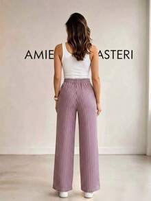 Wide Leg Striped Palazzo Pants With Pockets, NO Elastane (Size Chart Available) - Burdeos - Ver 2