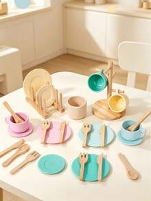 Set Peralatan Makan Kayu Warna Macaron Mainan Bermain Peran Cangkir Piring Garpu Sendok dengan Rak Penyimpanan Perlengkapan Dapur untuk Minum Teh Sore Kombinasi untuk Anak Usia 3+ Tahun Permainan Peran Dapur dan Makan Mainan Edukasi Interaktif Pengenalan Warna dan Keterampilan Motorik Halus untuk Anak-Anak, Mainan Edukatif Interaktif untuk Minum Teh Sore, Hadiah Ulang Tahun untuk Anak Laki-laki dan Perempuan - MultiWarna - View 13