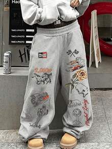 1pc Boys' Streetwear Cool Car Rose Skull Print Loose Sweatpants, Spring Summer Autumn - Light Grey - View 3