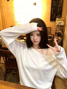 女款白色露肩長袖T恤，高彈性聚酯纖維面料，標準長度，適合日常居家休閒穿著 - 白色 - 查看 4