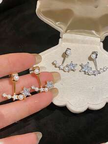 2 piezas de clips de oreja de flor minimalistas de moda, de cobre con incrustaciones de strass color dorado, adecuados para uso diario, fiestas, vacaciones, citas de mujeres - flor - Ver 23