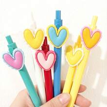 12/6pcs Macaron Color Heart-Shaped Retractable Ballpoint Pens, 0.5mm Tip, Black Ink, Elegant Heart Design, Suitable For Journaling (Random Style) - Round - View 5