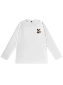 New Chinese Style Crane Pine Tree & Auspicious Cloud Print Long Sleeve T-Shirt, Soft Skin-Friendly Oversize Relaxed Streetwear Commuter Outerwear Base Layer Tee For Men - White - View 6