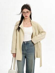 Chic Stand Collar Vintage Trench Coat Button Jacket, Airport Outfit, Travel Daily Wear, Spring Autumn - Khaki - View 7