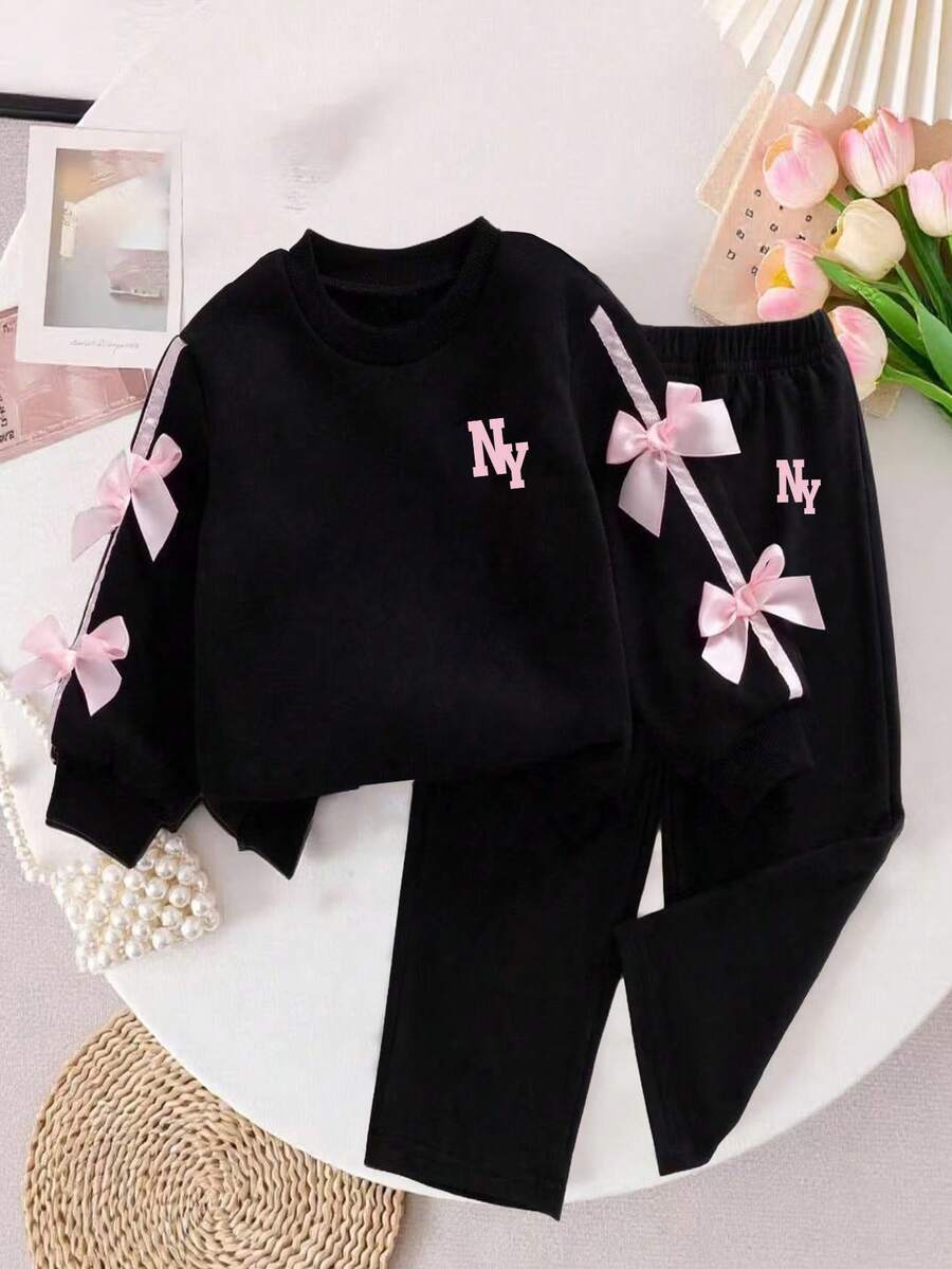 Young Girl Ribbon Bow Decor Round Neck Long Sleeve Top And Pants - Black - View 1