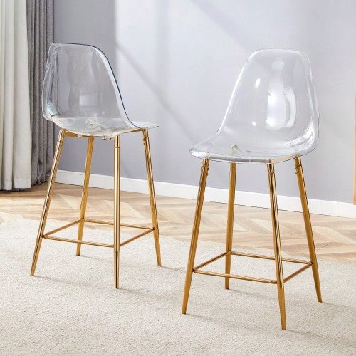 Transparent Bar Stool Set, 2-Pack, With Metal Frame In Silver/Gold/Black, Modern Design Chairs For Kitchen, Bar Or Dining Room (Stools Only, No Table) - 金色 - 查看 1