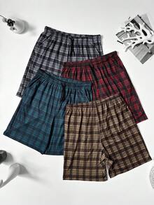 4pcs Men's Casual Plaid Pattern Lounge Pants With Dual Side Pockets, Elastic Comfortable Drawstring Shorts, Suitable For Home, Beach, Sports And Outdoor Wear - Multicolor - View 3