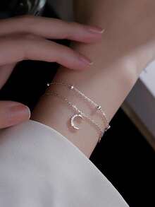 1pc Forest Style Small Fresh And Sweet Double-Layered Star And Moon Bracelet For Women Dating Daily Gift - Silver - View 3
