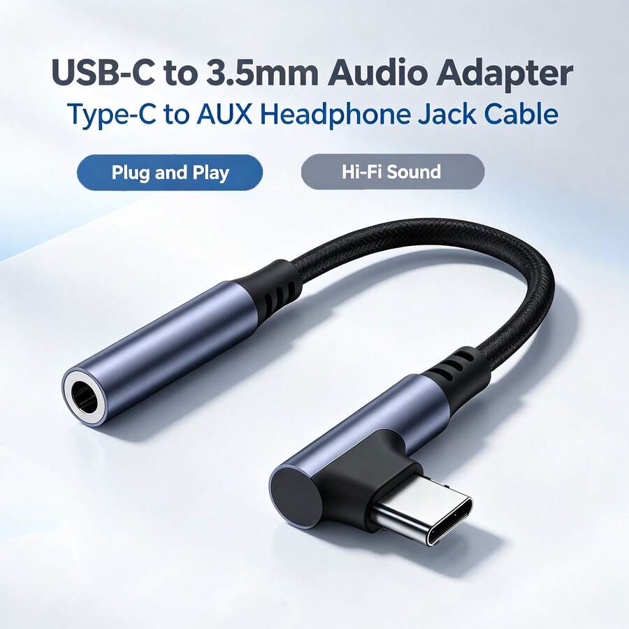 1/2pcs USB C To 3.5mm Headphone Jack Bent Audio Adapter Cable, Compatible With Phone 17/16 Pro Max/16 Pro/16 Plus/16/15/ Series 3.5mm Audio Auxiliary Cable Converter Braided Connection Cable - Grey - View 1