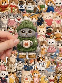 50pcs PET Knitted Cartoon Cat Stickers, Cute Transparent Animal Stickers For Back To School, Knitted Style Kitten PET Stickers, Suitable For Vision Board, Student Diary, Phone Case, Laptop - Multicolor - View 4