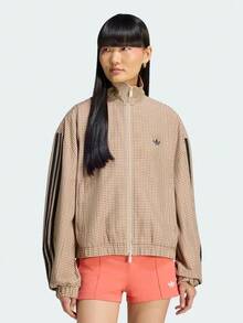 Adidas Originals Women's ORIGINALS CHECKS TRACK TOP Vintage Colorblock Striped Double Zipper Casual Jacket Plaid Top LE8307 - Brown - View 1