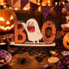 Halloween Tischdekoration: Cartoon Geist und Kürbis 3D Holzdisplay-Geisterfestival Heim-Esszimmertisch Ornament Cartoon Hexenhut, Geist und Kürbis Holz Tischdekoration-Halloween Dekoration mit "BOO" Buchstaben Holzschild - Halloween-Dekoration BOO Holzschild Tischaufsteller - Übersicht 3