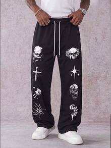 MAISONFOX Men's Skull Print Street Hip-Hop Sweatpants Wide Leg,Retro Old Money Style Drawstring Casual Comfortable Straight Leg Pants,Loose Fit Unisex Jogger - Black - View 5