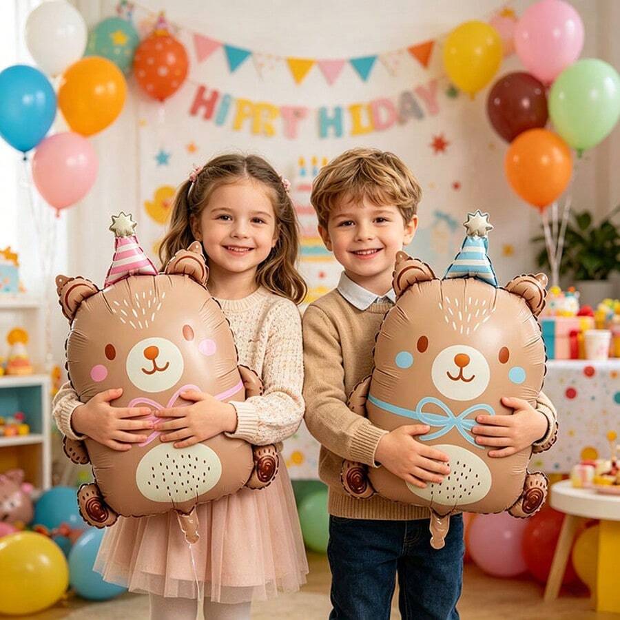 2pcs Blue & Pink Bow Bear Foil Balloons, Suitable For Birthday Party Decoration, Theme Party Setup, 1st Birthday, Photo Props - Multicolor - View 1