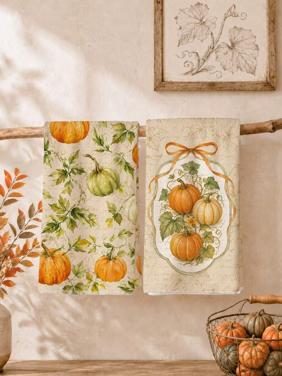 2pcs Vintage Autumn Hand-Painted Pumpkin Pattern Kitchen Towels, Soft Polyester Dish Cloths, Suitable For Kitchen Decor, Kitchen Cleaning, Holiday Party Decoration, Kitchen & Bathroom Supplies, Home Essentials, Home Decor, Housewarming Gift - Multicolor - View 1