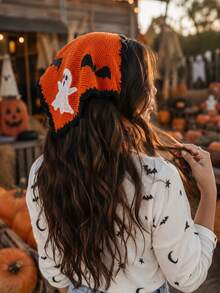 1pc Halloween Ghost & Bat Embroidered Knitted Triangular Headscarf With Orange Lace Tie, Women's Hair Accessory For Holiday Costume, Party, Cosplay, Themed Photoshoot, Daily Festive Outfit - Multicolor - View 1