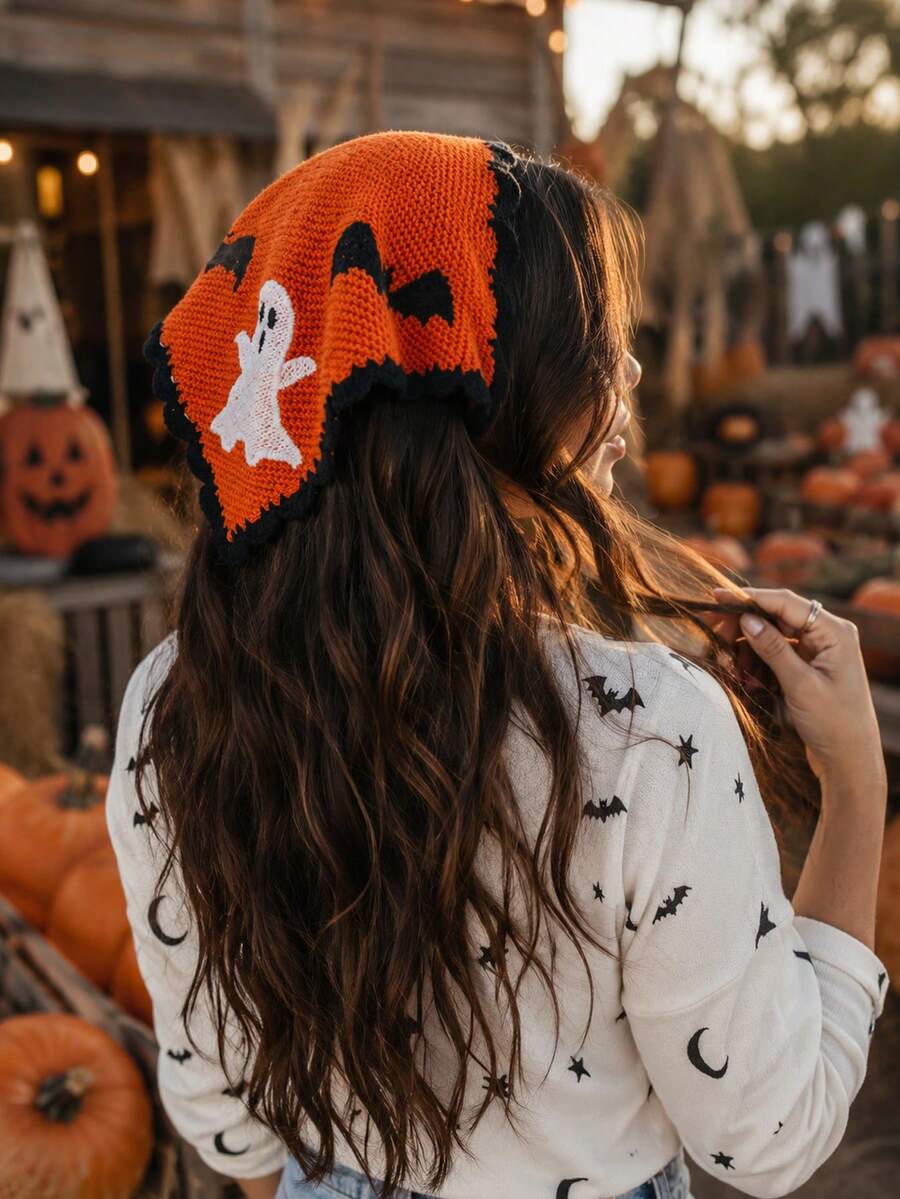 1pc Halloween Ghost & Bat Embroidered Knitted Triangular Headscarf With Orange Lace Tie, Women's Hair Accessory For Holiday Costume, Party, Cosplay, Themed Photoshoot, Daily Festive Outfit - Multicolor - View 1