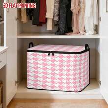 1PC Pink & White Houndstooth 2D Printed Non-Woven Fabric Storage Box With Lid, Soft Pink Houndstooth Pattern With Durable Print, Formaldehyde-Free Skin-Friendly Textile Fabric, Large Capacity Foldable Storage To Save Home Space, Zipper Closure To Block Dust And Stackable, Suitable For Wardrobe, Bed, Car Storage Of Bedding And Small Items, Ideal For Students, Renters And Daily Home Storage - View 6