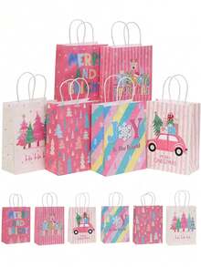 6pcs/1pc Pink-Themed Gift Bags (Featuring "Merry Christmas," Snowflake, And Christmas Tree Patterns) – Suitable For Gift Wrapping For Christmas Parties, Winter-Themed Events, Christmas Dinners, Birthday Parties, And More. - One Size Fits All - View 1
