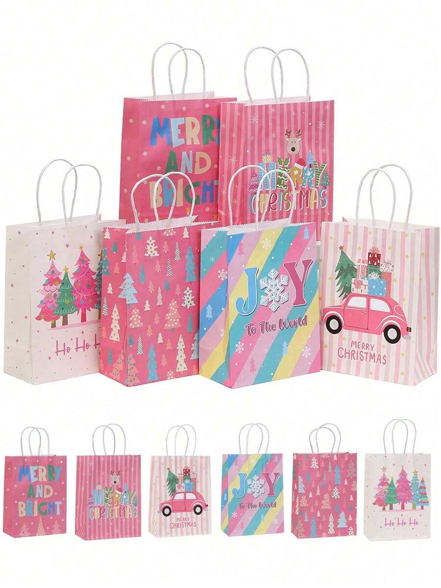 6pcs/1pc Pink-Themed Gift Bags (Featuring "Merry Christmas," Snowflake, And Christmas Tree Patterns) – Suitable For Gift Wrapping For Christmas Parties, Winter-Themed Events, Christmas Dinners, Birthday Parties, And More. - One Size Fits All - View 1