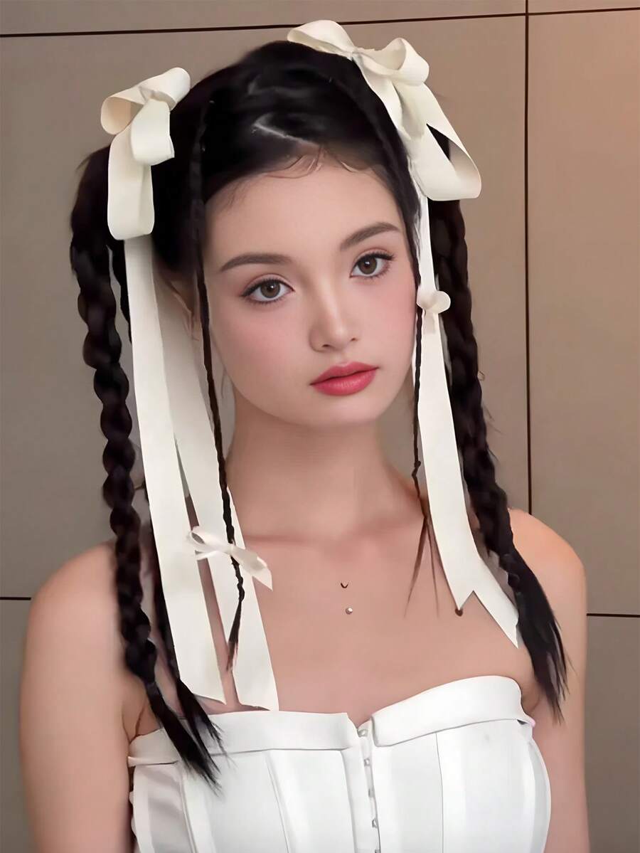 2件裝芭蕾風開學季亮面緞帶大號三重蝴蝶結髮夾 鱷魚夾式時尚可愛甜美側瀏海髮夾 - 彩色 - 查看 1