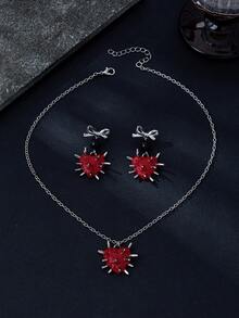 1 Set Fashion Punk Gothic Style Bow Knot Thorn Spike Heart Enamel Necklace & Earrings Set, Hot Girl Daily Party Matching Jewelry Set - Thorn Heart Bow Necklace and Earring Set - View 6