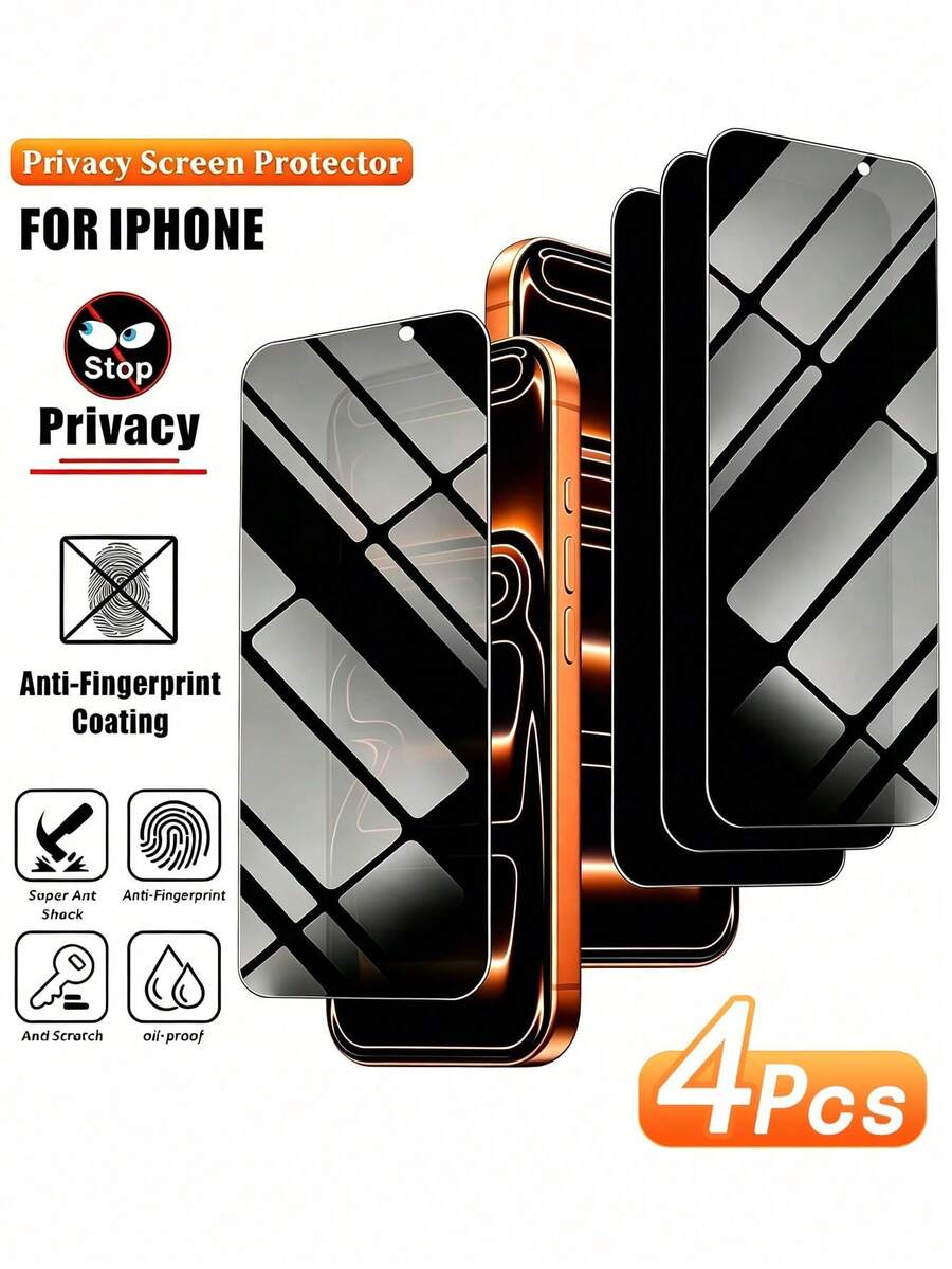 4Pcs Privacy Tempered Glass Screen Protector, Compatible With IPhone 17 Pro Max/17/16 Pro Max/15 Pro/17/16/15/14/13/12/11/16/Plus/Mini/X/XS Max, 9H+ Hardness, Ultra-High Definition, Scratch-Resistant, Fingerprint-Resistant, Easy To Install, Privacy Screen Protector.