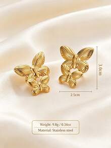 1 par de pendientes de botón con mariposa en relieve de doble capa, acero inoxidable 304 hipoalergénico, joyería romántica personalizada para uso diario y citas de mujer - Dorado - Ver 5